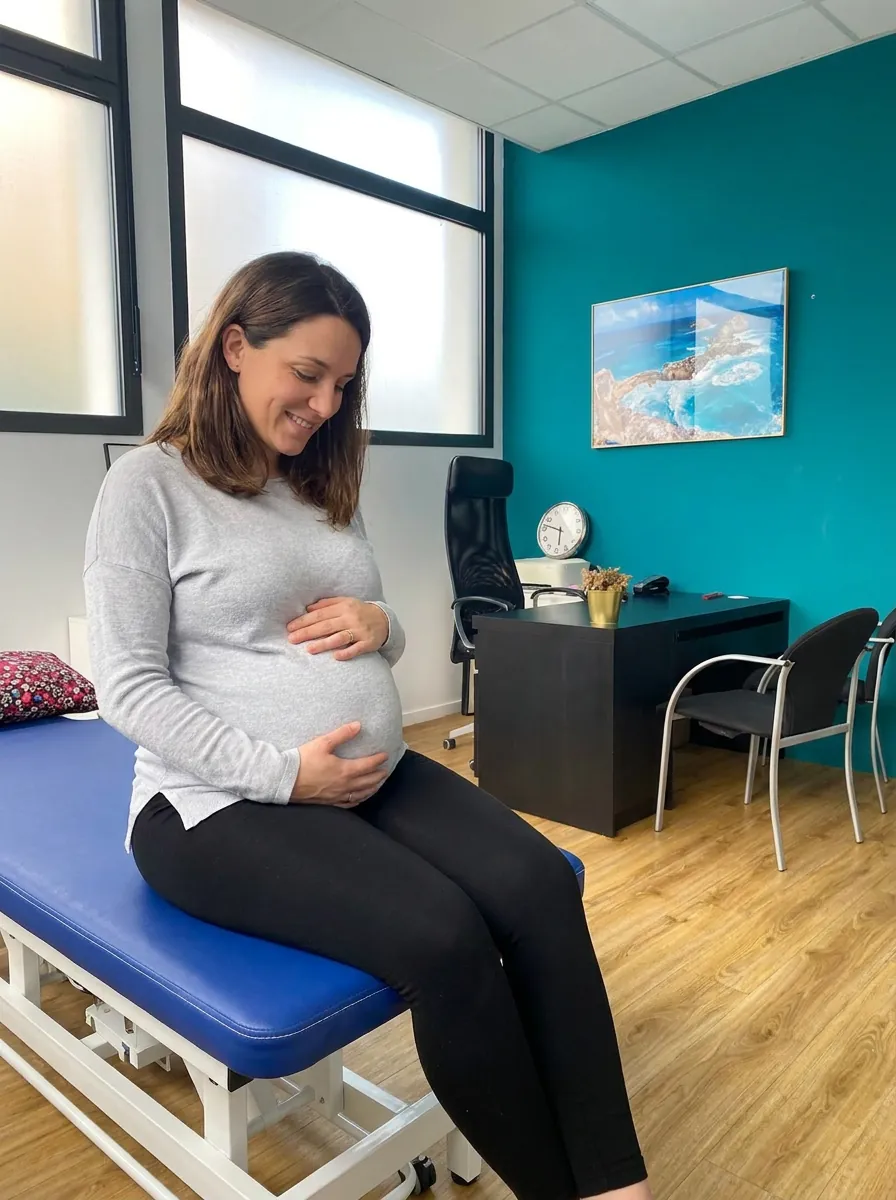 Femme enceinte assise sur la table de consultation du cabinet